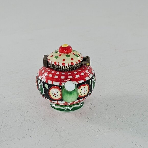Mary Engelbreit Enesco Ceramic Teapot Trinket Box Red & Green Checkered Design - Picture 2 of 8